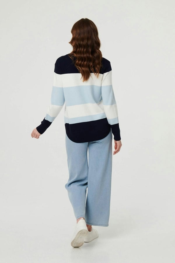 Navy | Diamante Trim Striped Slim Jumper
