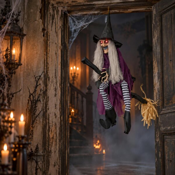 Samuel Alexander 90cm Animated Hanging Halloween Witch with Red Light Up Eyes & Sound