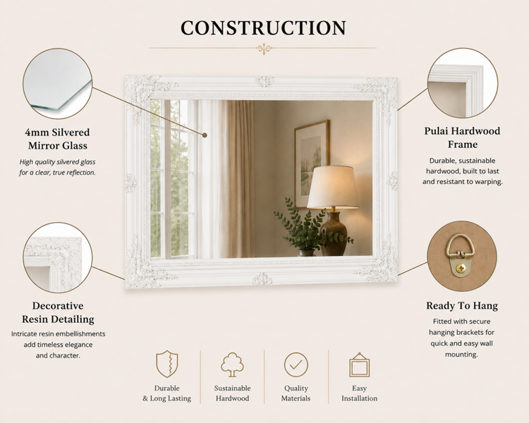 Downton Interiors Large Antique Style White Wood Frame Wall Mirror 90cm x 65cm