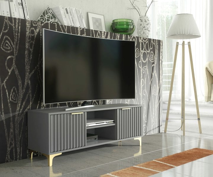 Mex Furniture 120cm TV Unit with Ribbed Fronts and Gold Accents - Bold Grey