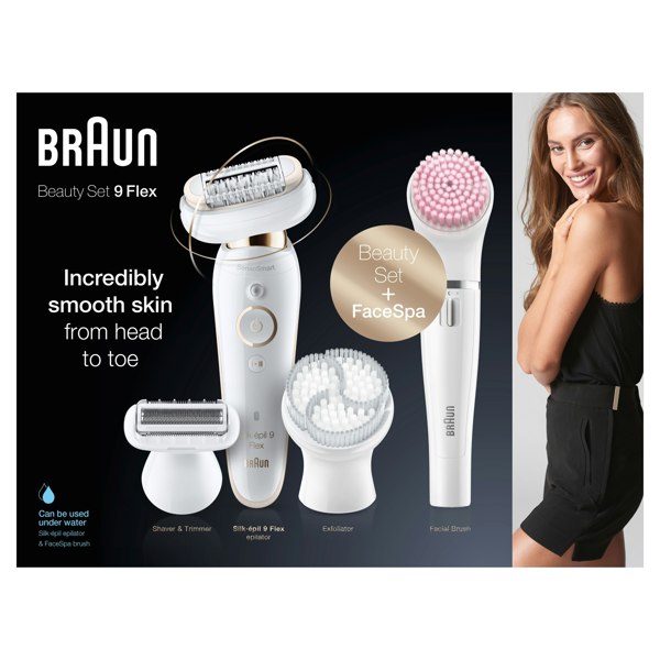 Braun Silk-epil 9 Flex 9-100 Beauty Set - Epilator, Flexible Head, Easier Hair Removal - White/Gold