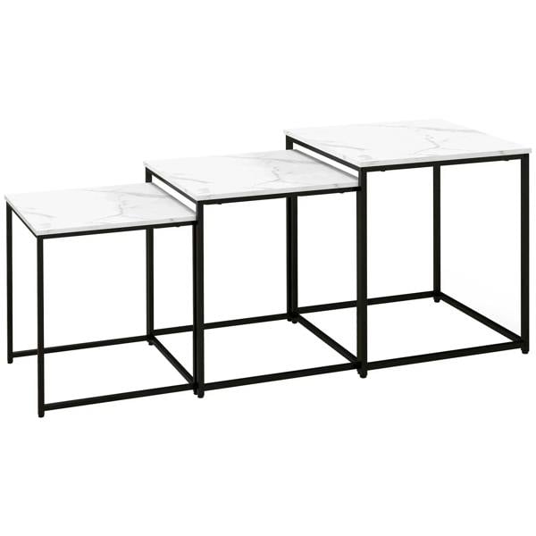 Set of three nested tables with white marble-effect tops and black steel frames