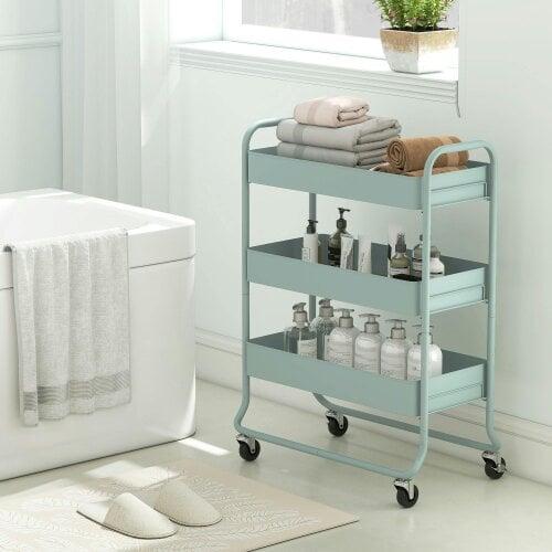 Wyld Haus Nokeyo Metal Light Green 3 Tier Rolling Utility Trolley With Mesh Baskets
