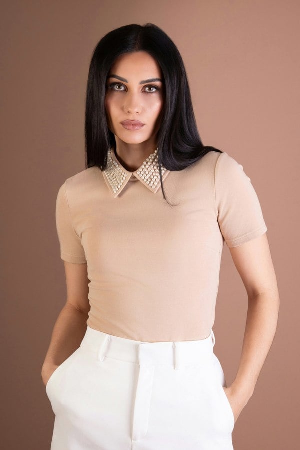 BALOU WOMENS PEARL COLLAR TOP NUDE