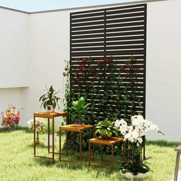 Decorative Privacy Fence Screen, Metal Outdoor Privacy Screen Climbing Plant Trellis with Stand, 122 x 198 cm, Black