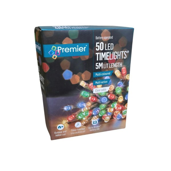 Samuel Alexander 50 LED 5m Premier Christmas Outdoor Multi Function Battery Lights with Timer & Clear Cable in Multicoloured