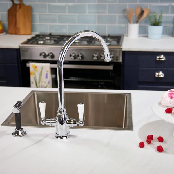Flode Halden | Dual Lever Kitchen Sink Mixer Tap and Rinser with Swivel Spout | Polished Chrome Finish