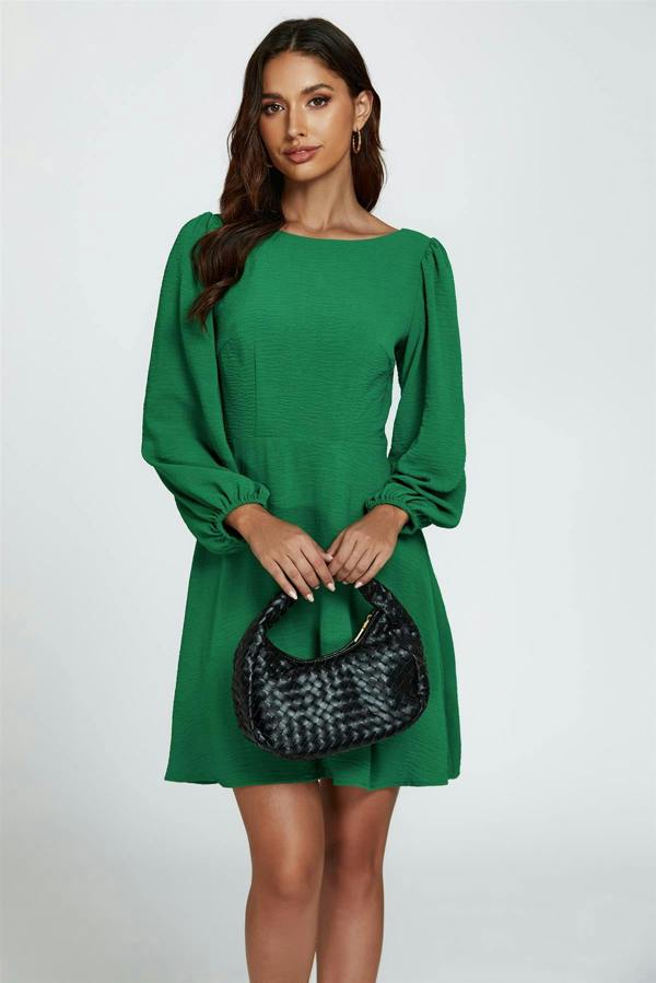 FS Collection Back V Neck Mini Dress In Green