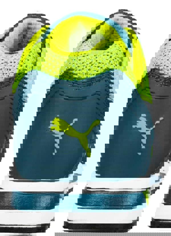 PUMA Safety Puma Elevate Mens S1P Composite Toe Midsole Safety Trainers, rear view of the yellow and blue athletic shoe with a prominent Puma logo, cushioned midsole, and reinforced toe area.