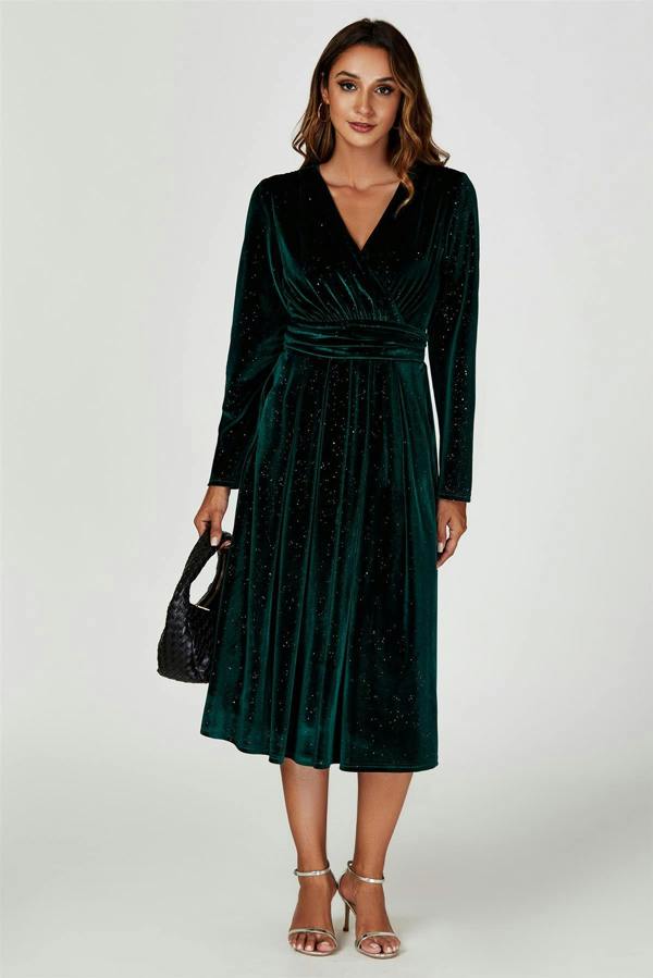 FS Collection Silver Sparkly Velvet Wrap Top Midi Dress In Green