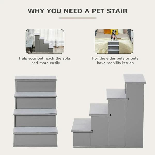 Grey 4-step pet stairs shown from side with three carpeted steps