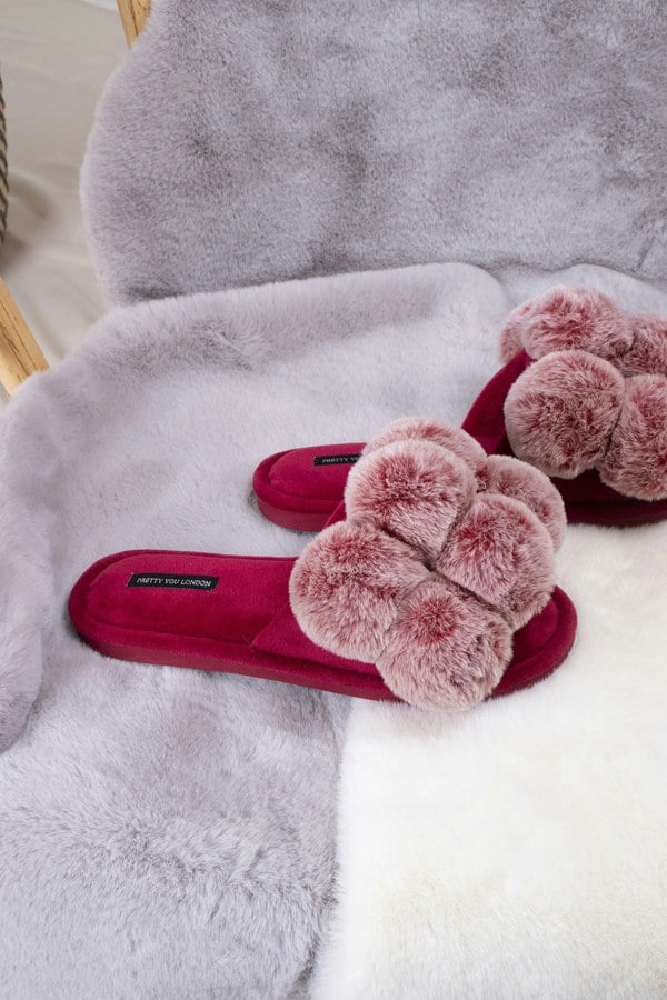 Dolly women's slider slippers in red with oversized faux fur pom poms from Pretty You London