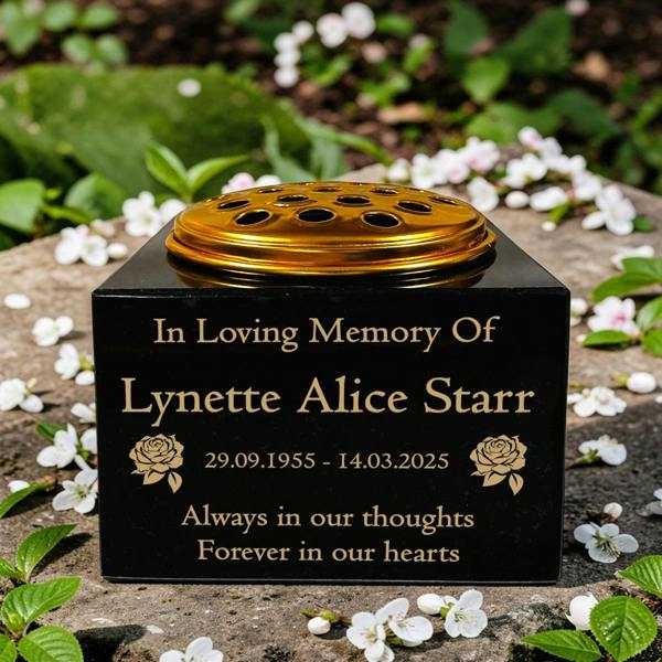 Memorials Direct Granite Memorial Vase with Rose Design, Free Personalised Gold Engraving, Solid Granite 6 x 6 x 4 Inches