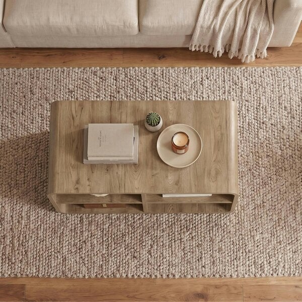 Decortie Rovel Modern Coffee Table 80cm 4 Open Compartments Soft Rounded Edges Natural Oak Living Room