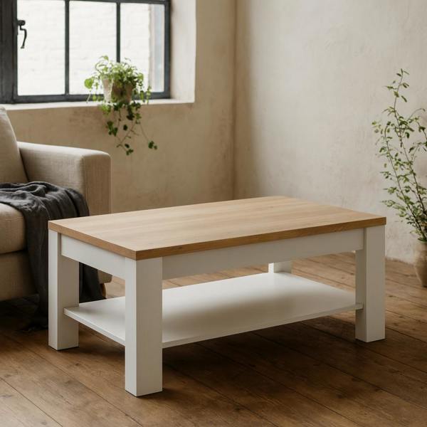 Wyld Haus Bramblecroft White and Natural Oak Wood Coffee Table Bottom Shelf