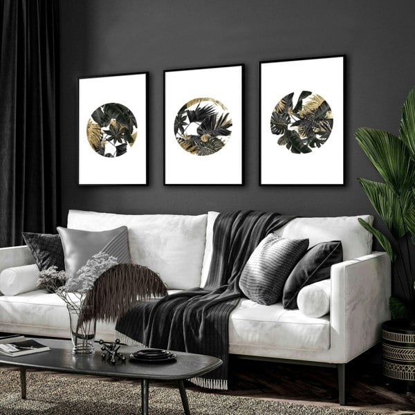 Wall art with gold for living room | set of 3 Tropical wall art prints