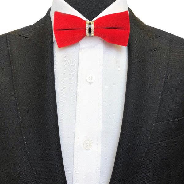 Red slim velvet bow tie on model