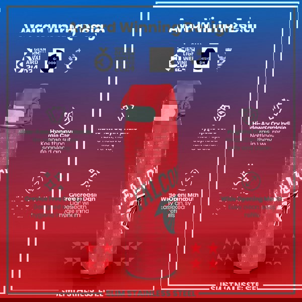 A red, slim stainless steel water bottle, displaying the Atlanta Falcons logo, sits against a gradient background showcasing its features and awards.