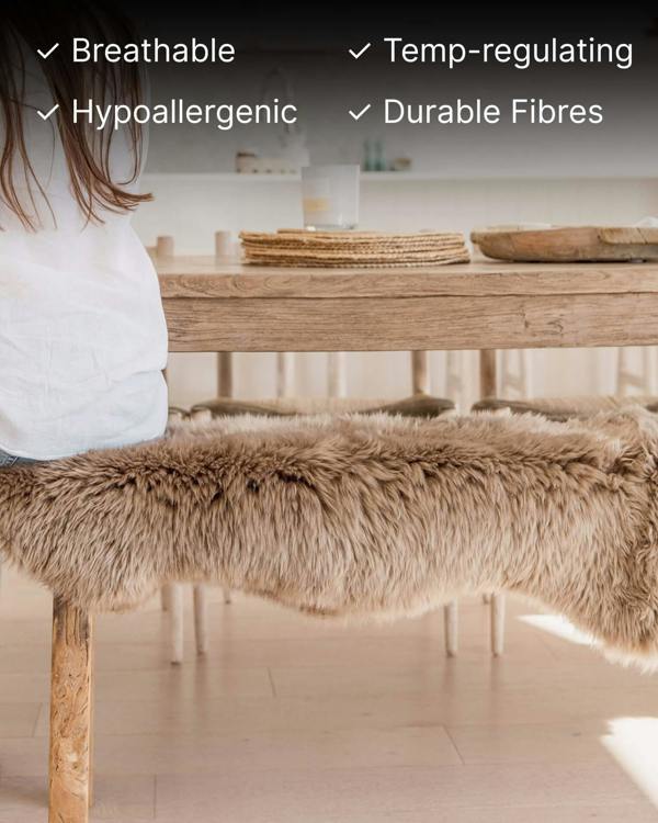 Bronze Double Long Wool Sheepskin Rug on bench