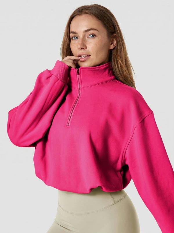 Anniou Cropped Athletic Fleece Pullover - Rose Red