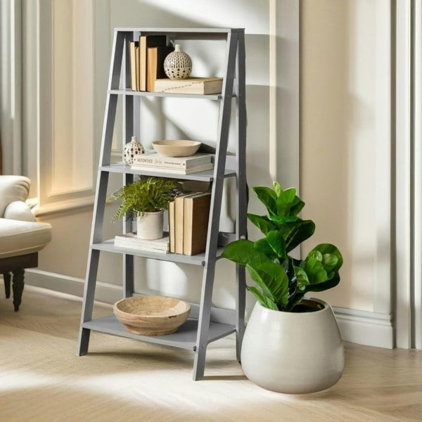 Rafaelo Mobilia 4 Tier Free Standing Ladder Shelf For Living Room Storage Grey