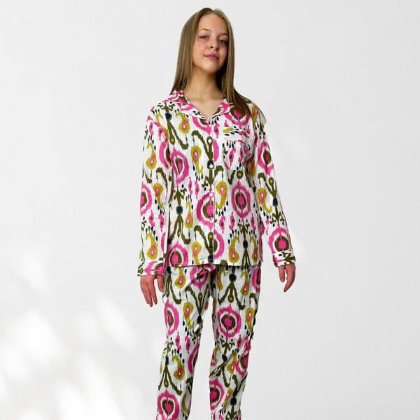 Hayley & Co Ikat Print 100% Cotton Long Pyjama Set in White and Print