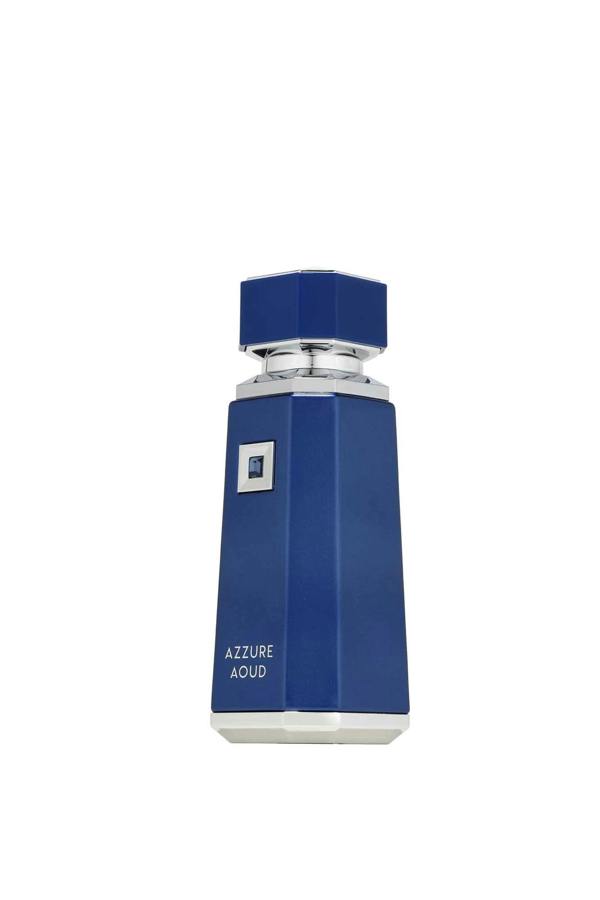 Side view of French Avenue Azzure Aoud eau de parfum 100ml, showcasing the elegant blue bottle, silver cap, and refined luxury craftsmanship.
