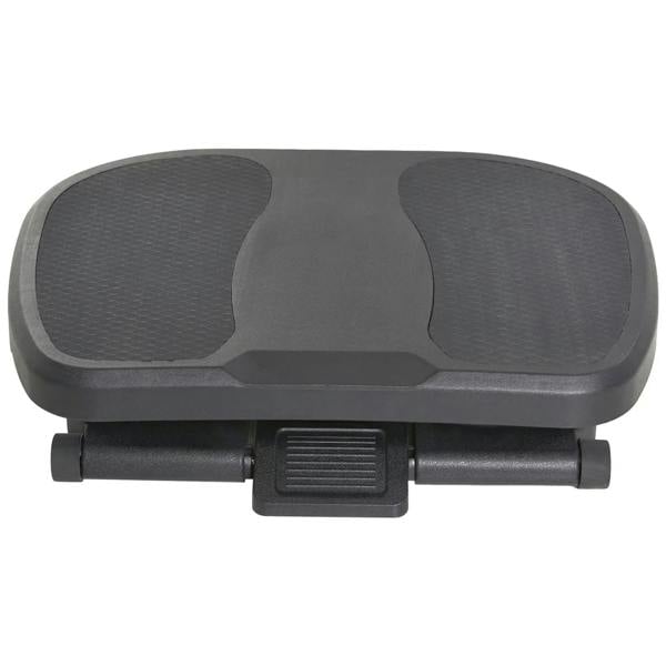 Black under-desk footrest with dual molded foot depressions and sliding base bars.