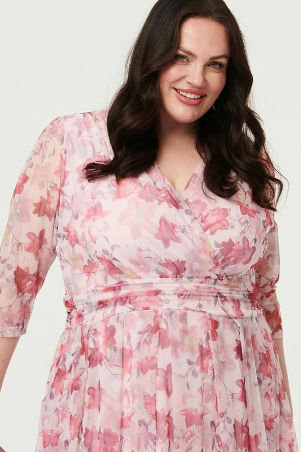 Red | Curve Floral Wrap 1/2 Sleeve Midi Dress