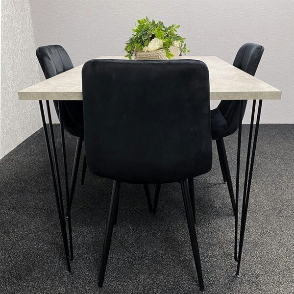 Kosy Koala Grey Dining Table with Hairpin Legs & 4 Black Velvet Chairs Set for Kitchen & Dining Room