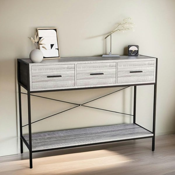 Rafaelo Mobilia 3 Drawer Industrial Console Table Grey