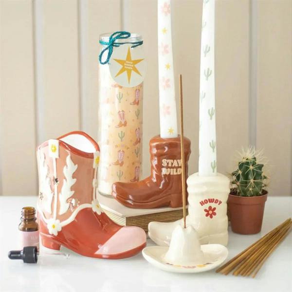 Pastel western tube candle with cowboy boot cactus print and teal bow