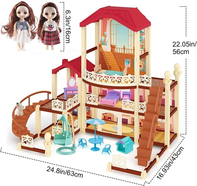 deAO Toys Dream Dolls House Playset for Kids 3-Story Castle Dollhouse 2 Dolls Toy Figures 14 PCs Furniture Accessories Multiple Assembly Toy Gift