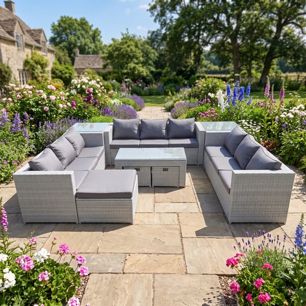 Fimous 12 Seater Rattan Garden Furniture Set with 3 Sofas, Coffee Table, 3 Footstools & 2 Side Tables - Light Grey Mixed
