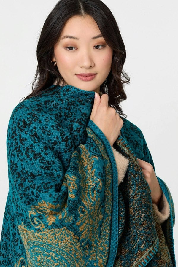 Blue | Damask Print Oversized Poncho
