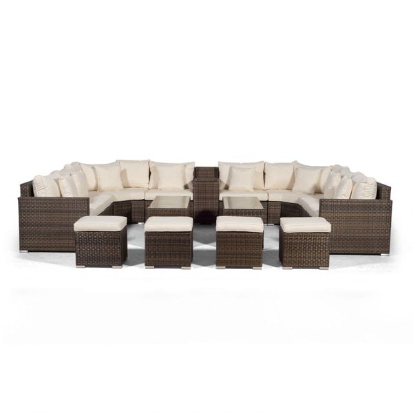 Giardino Santorini U Shape Modular 8 Seat Rattan Sofa Set With Armrest Drinks Cooler, 2 Coffee Tables & 4 Stools