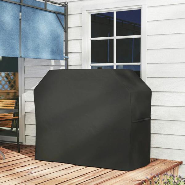Black grill cover with front and side panels, tailored fit over outdoor grill.