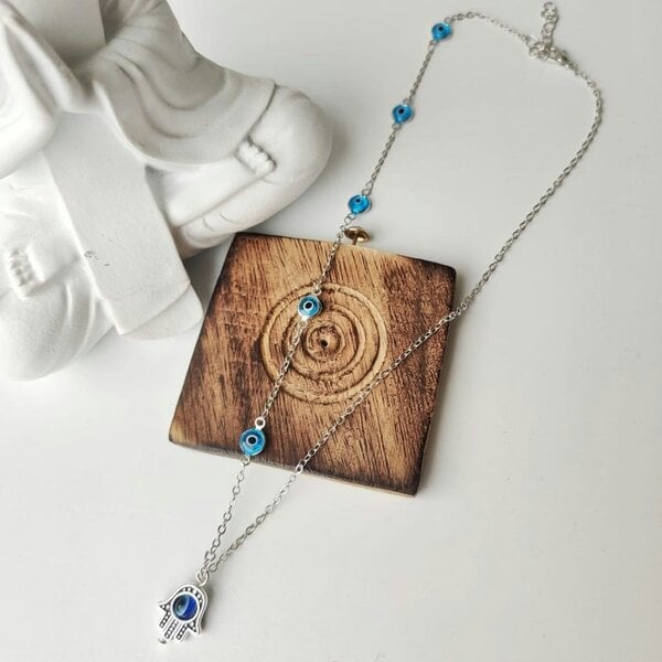 The Colourful Aura Half Evil Eye Necklace Hamsa Charm Silver Protection Choker Necklace
