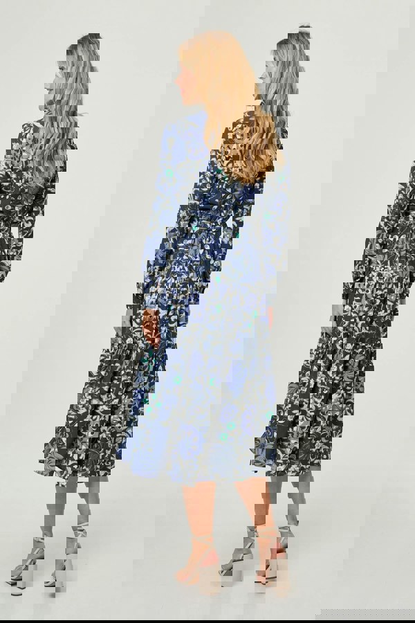 Navy | Floral Tie Waist Tiered Midi Dress
