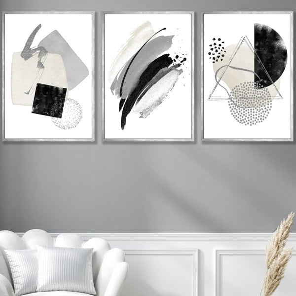 Artze Wall Art Abstract Grey Black and Silver Set of 3 Framed Wall Art Prints
