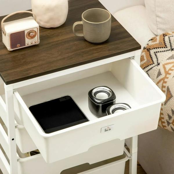White dresser drawer compartment with arched pull and divided open storage