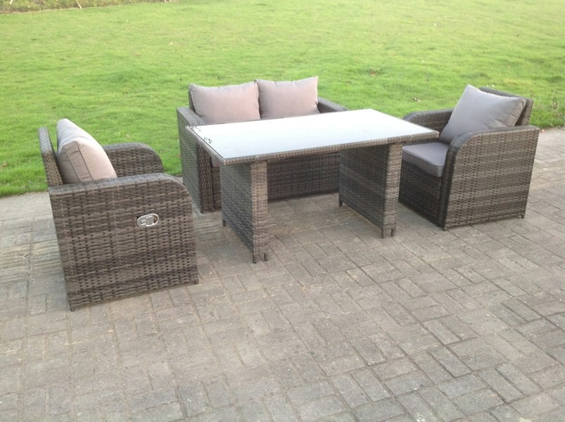 Fimous Rattan Garden Furniture Set Adjustable Chair Double Love Seat 2 Seater Sofa Oblong Rectangular Black Glass Dining Table