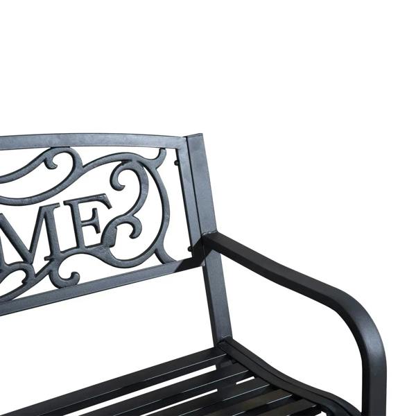 Black steel garden bench close-up of armrest and slatted seat with back panel
