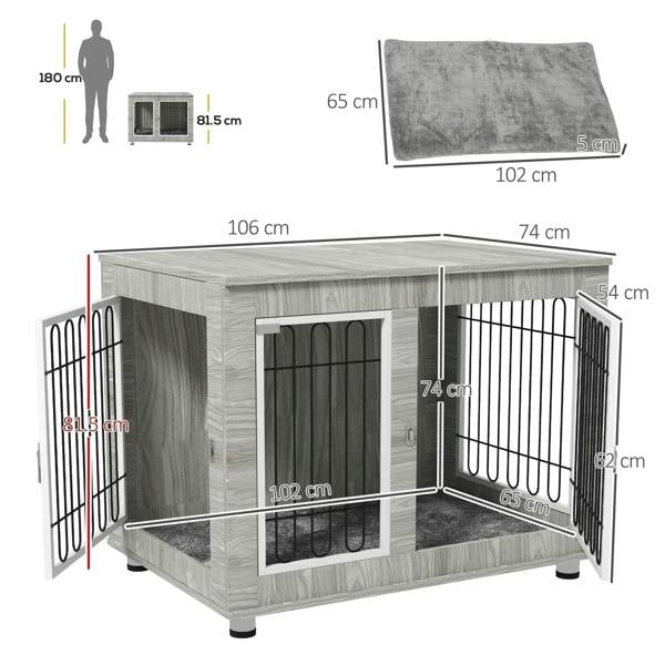 Grey indoor dog kennel with soft cushion and two door panels, wire front and side gates