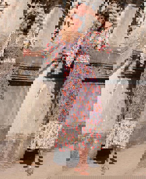 Contrast Floral Angel Sleeve Midi Dress