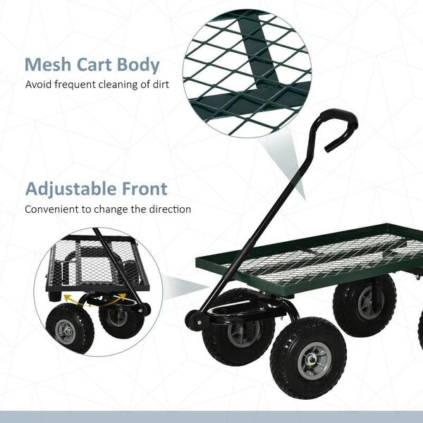 Bobobiy Garden Trolley Cart, Heavy Duty Garden Cart with Metal Frame, 10" Pneumatic Wheels, Rotating Handle, 150kg Capacity, for Garden, Farm, Green