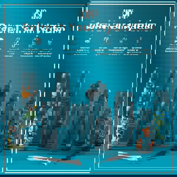 Several teal water bottles, some with illustrated designs, are arranged on a teal surface. The bottles vary in size and design; some are plain, others feature whimsical drawings. A straw and a carrying strap are also shown. "Refresh Your Hydration" is prominently displayed above.