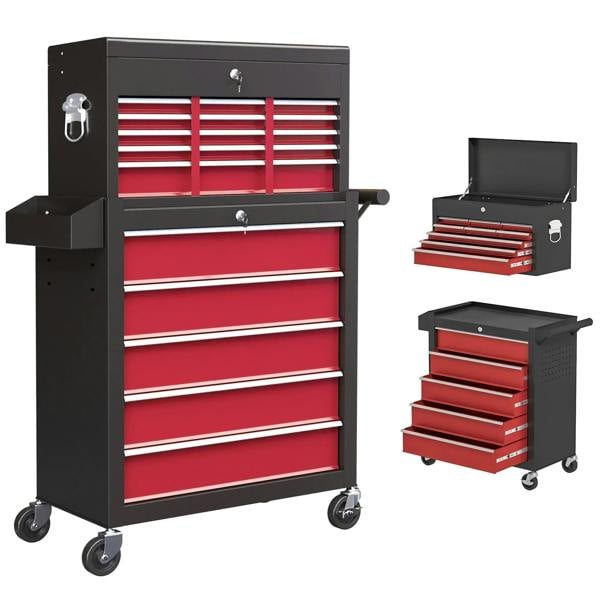 Two-part tool storage chest with 14 drawers on wheels, red drawer fronts