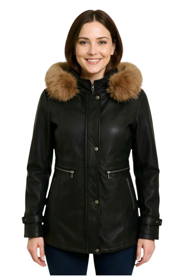 Infinity Leather Womens Leather Hooded Parka Jacket-Putian