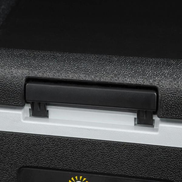 Retractable handle on portable cooler front, black textured body with white base